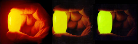 A crystal in three stages of phosphorescence