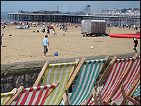 Weston view of Grand Pier with deckchairs