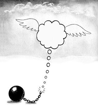 Cartoon (© Peter Blegvad) of thought cloud breaking free of a ball and chain.