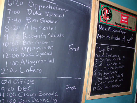 The Knitting Factory chalkboard featuring the evening's billings