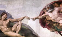 Adam and God reach out towards each other in Michaelangelo Buonarroti's famous painting