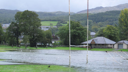 A waterlogged rugby pitch at Dolgellau. Photo: Gwyneth McBurney