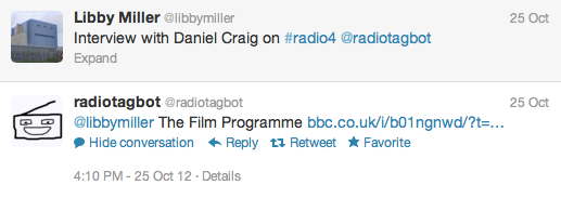 Libby Miller ‏@libbymiller
I am definitely going out to buy some sweets in a minute @radiotagbot #bbcfour /cc @realnigelslater radiotagbot @radiotagbot
@libbymiller Nigel Slater: Life Is Sweets https://bbc.co.uk/i/p00y4hd1/?t=634s ... cc @realnigelslater