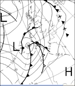 The latest Met Office synoptic chart for midnight Saturday-Sunday shows a deep low looming off southern Ireland