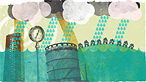 Illustrations showing rain falling over a power station
