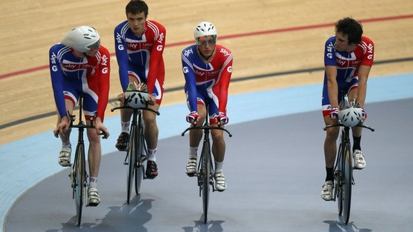 GB team pursuiters inside Olympic Velodrome