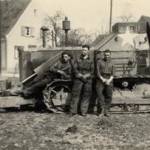 Ralph Rayner (centre) with his bulldozer in Normandy. Relaxing with pals after the battle.