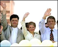 Petr Porošenko, Julia Tymošenková a Viktor Juščenko