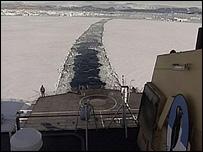 HMS Endurance cuts through the ice