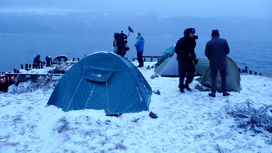 Fred and Dougie at their snowy campsite, night two, on the banks of Loch Ness.