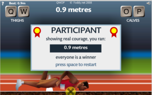 Image of game showing man falling over with the caption 'Showing real courage you ran 0.9 meters'