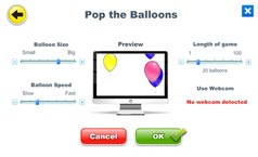 Screen allowing users to change balloon size and speed.