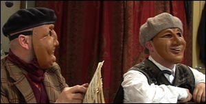 Paddy and Stephen wear clown masks 