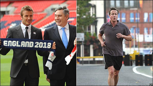 David Beckham with Gordon Brown, 2009; David Cameron jogging