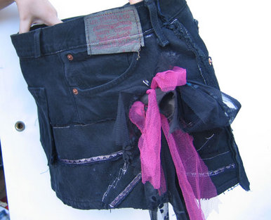 Black denim ribbon skirt