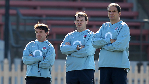 England chief Martin Johnson (right) with forwards coach John Wells (centre) and defence coach Mike Ford (left)