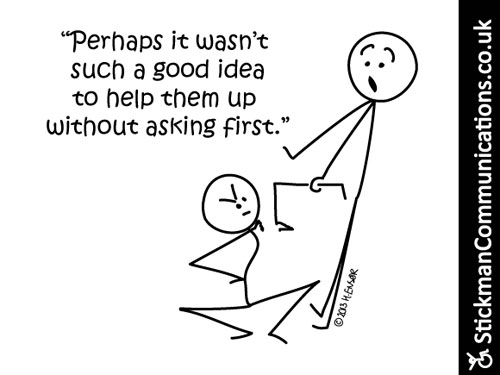 cross looking stickman on floor, glares at shocked stickman holding a detached arm. Text : 