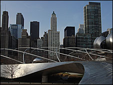Chicago skyscrapers seen from Millennium Park