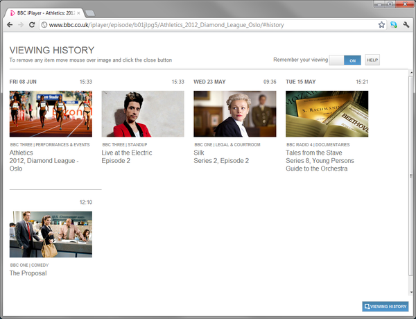 Chrome extension on the iPlayer alt screenshot of the viewing history screen on the iPlayer