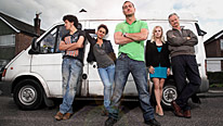 Will Mellor (front), Joel Fry, Naomi Bentley, Georgia Moffett and Clive Mantle star in White Van Man