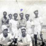 Mombasa 1942 Eastern Fleet stoker shipmates on board HMS Ramillies. Stoker Mechanic T A Russell D/KX100469 standing third from right
