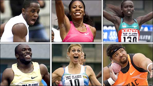 Clockwise from top left: Dwight Phillips records the best long jump in 15 years, Sanya Richards wins the 400m, Kenya's Vivian Cheruiyot wins over 2,000m, Reese Hoffa throws the shot, Maggie Vessey reacts after winning the 800m, LaShawn Merritt wins the 30