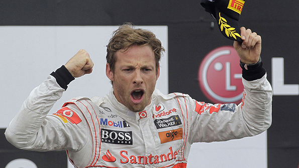Jenson Button celebrates his maiden Formula 1 victory after winning the 2006 Hungarian Grand Prix for Honda
