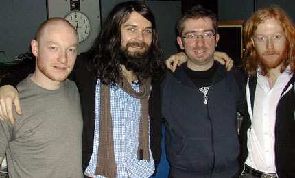 Biffy Clyro from left to right - Ben Johnston, Simon Neil, Stephen McCauley (Radio Foyle presenter), and James Johnston.