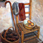 Walter's painting of an original hard carved Ulster chair and basket of turf