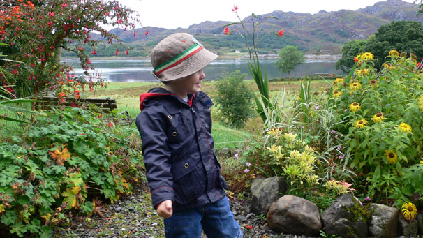 Boy walking in a garden