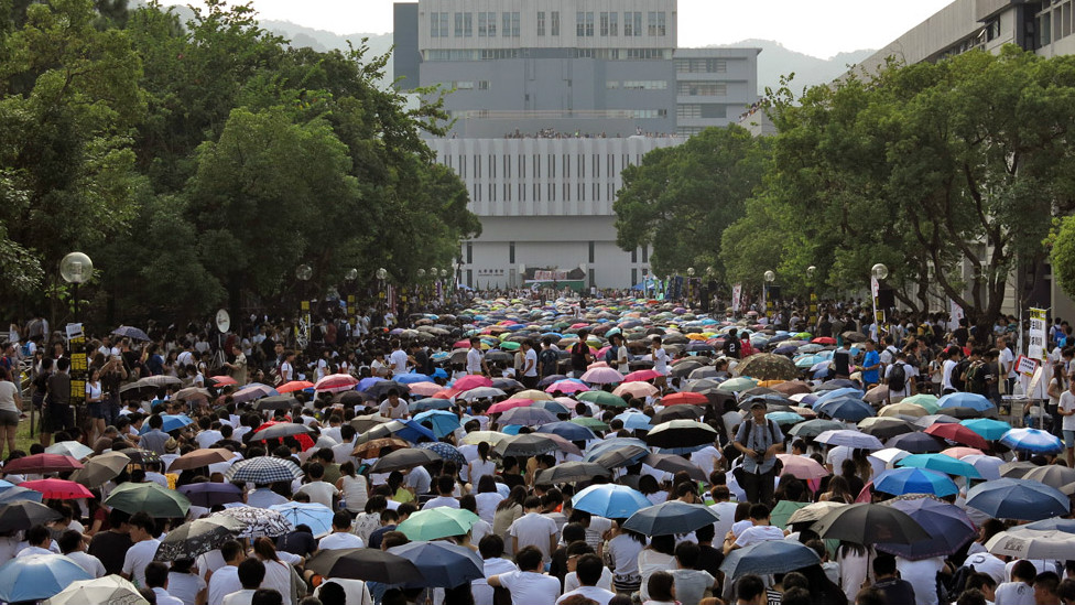 香港中文大学百万大道上的伞海（BBC中文网记者叶靖斯摄22/9/2014）