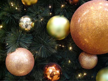 A collection of various baubles decorating a dark green Christmas tree