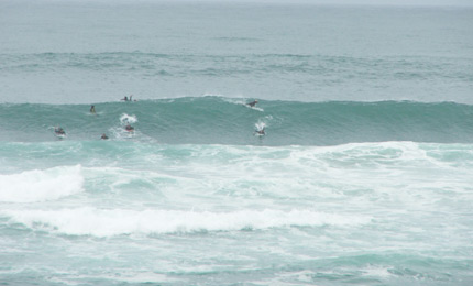 Hossegor France, already way overhead, and the crowds gather to attempt this mightiest of beach breaks. Pic Mark, Oct 06