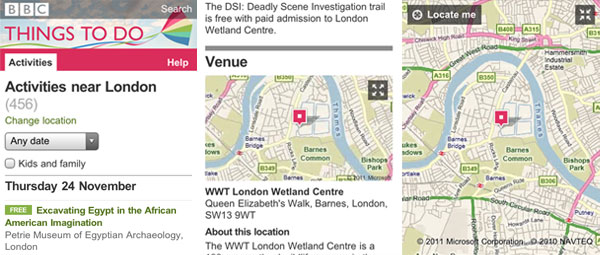Screenshots of TTD mobile app location search in action