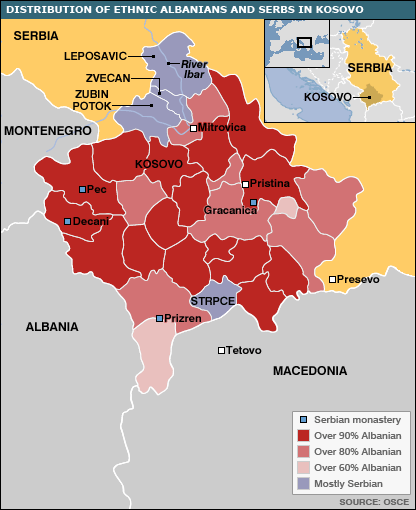 Bản đồ phân bổ người Albania và người Serbia ở Kosovo