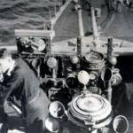 Sub Lt. F. D. Tolfree RNR O.O.W. HMS Westminster, Rosyth Escort Force on North Sea Convoy. Early 1944. Many Bristolians in RNVR from HMS Flying Fox served in this ship during the war. Derek Tolfree second from left, standing, with cigarette.