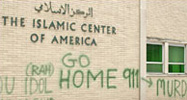 grafitti on the wall of an Islamic centre in the US