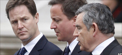 Nick Clegg, David Cameron and Gordon Brown