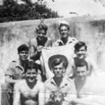 A Japanese Flag, captured in Burma. Arthur Stevenson back left.