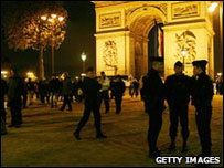 Police patrol the city streets after a ban was imposed on any gatherings that could potentially cause violence on November 12, 2005