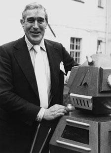 Terry Nation with a robot from the series Blake's 7