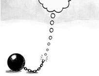 Cartoon: thought cloud breaks free of ball and chain