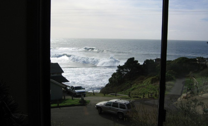 ICheck out this view from the porch - 14 foot @ 14 secs. Careys dad's pad in deepest Northern California, and a swell is near slammin in the front door. Pic Carey D. Dec 06