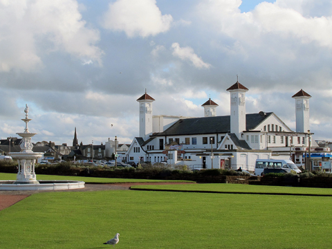 Colour view looking across Ayr Low Green from the Esplanade towards fountain and Ayr pavilion.