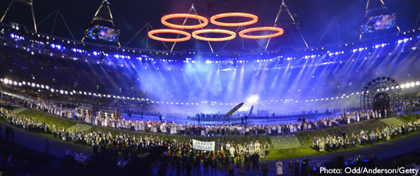 Opening ceremony - London 2012 - olympic rings forged above the stadium