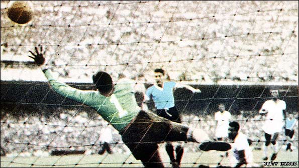 Juan Schiaffino scores for Uruguay in the 1950 World Cup final