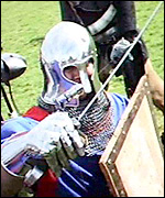 View from Graham Field's 'HelmCam' mid-battle at the Tewkesbury Medieval Festival