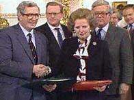 Taoiseach Garret FitzGerald and Prime Minister Margaret Thatcher after signing the Anglo-Irish Agreement
