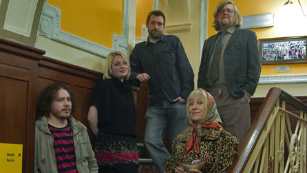 Production shot of National Theatre Wales' A Good Night Out in the Valleys featuring Boyd Clack, Sharon Morgan, Oliver Wood, Huw Rhys and Amy Starling © National Theatre Wales