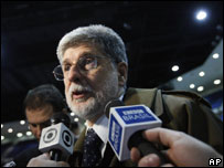 O ministro das Relações Exteriores, Celso Amorim, em entrevista após seu discurso na reunião de Annapolis